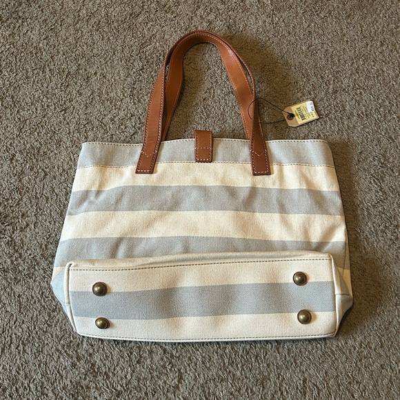 NWT Austin Shopper Gray Stripe Women’s Tote Shoulder Bag Cow Hide Leather Brass - Picture 2 of 12